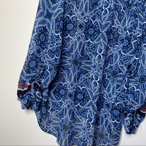 Cato Blue Red Bandana Tribal Aztec Sheer Button Up Top - Picture 9 of 9